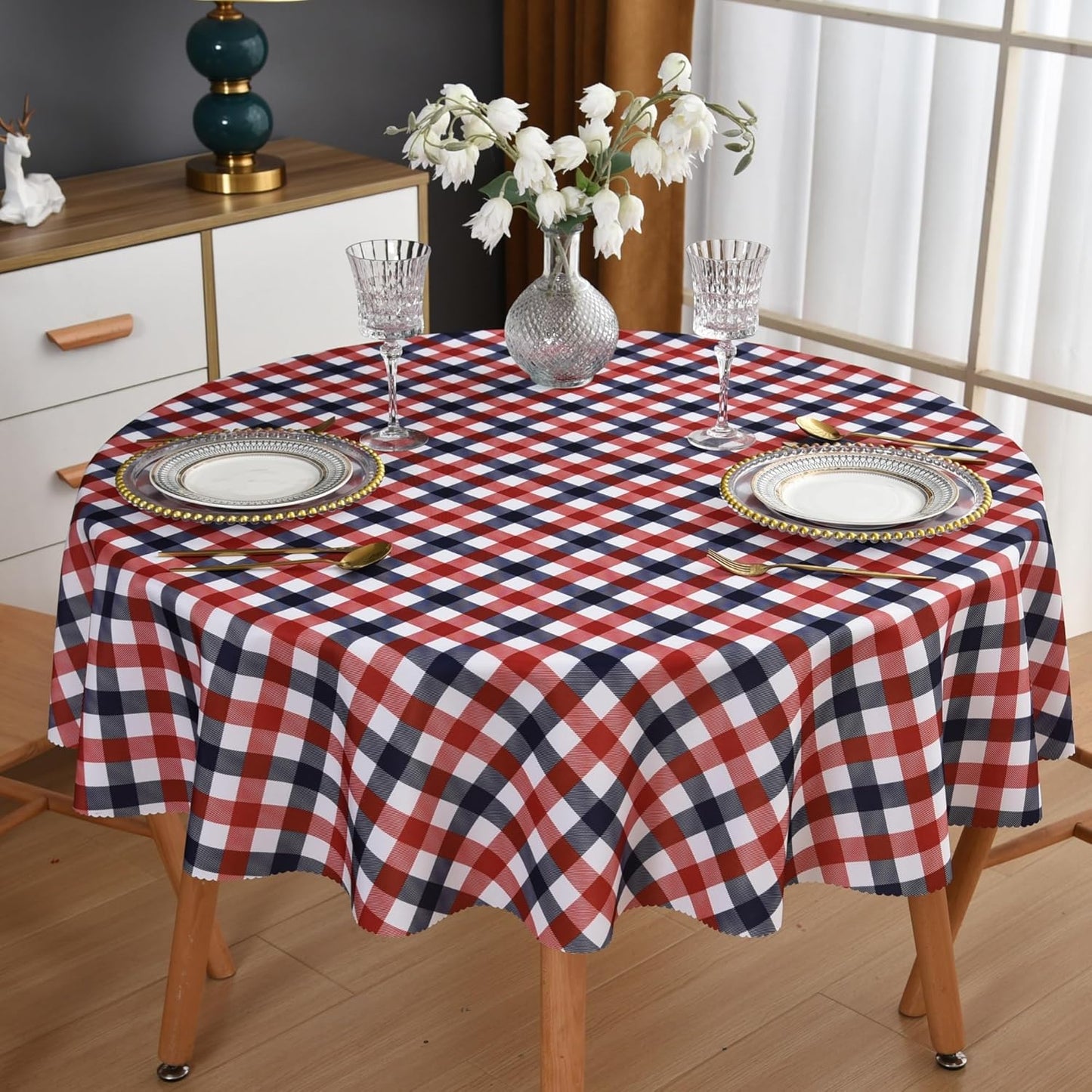 Waterproof Plaid Tablecloth Fabric - Round 25 Inch Classic Gingham Checker Table Cloth for Indoor/Outdoor Use - Buffalo Table Cover for Picnics, BBQs, and Parties