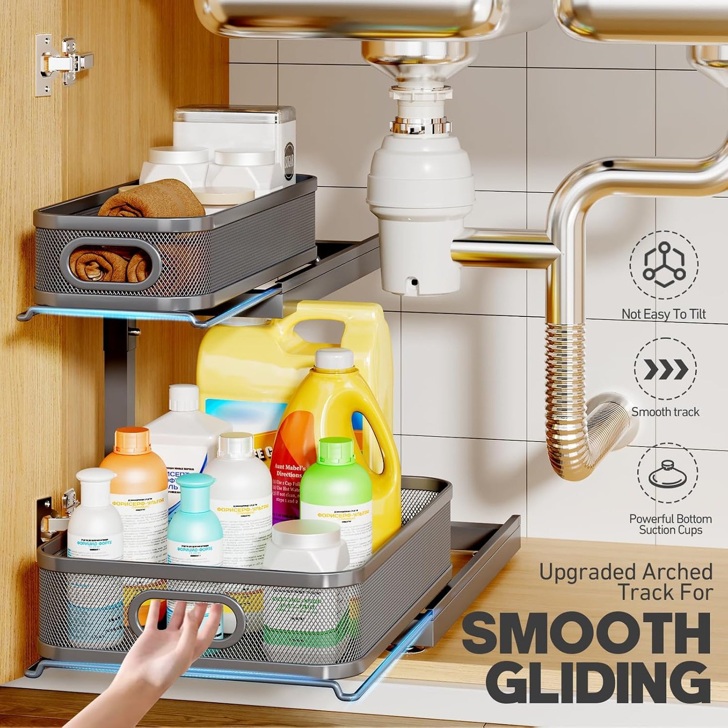 2-Pack Under Sink Storage Organizer with 2-Tier Slide Out Drawer, Sophisticated Mesh Pull Out Shelf for Kitchen & Bathroom, Fits Small Items, Upgraded Arched Track for Smooth Gliding(Patented)