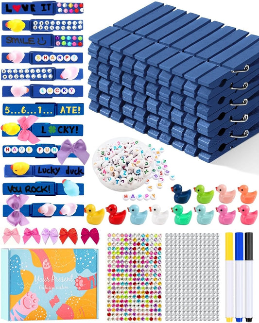 Cheer Pins for Backpack Cheer Stuff Kit 70 Blue Colored Clothes Pins with Mini Resin Ducks Bows Letter Beads Team Cheerleaders Gifts Bulk Pin Me Ribbon for Bag Decorations Competition Spirit Clips