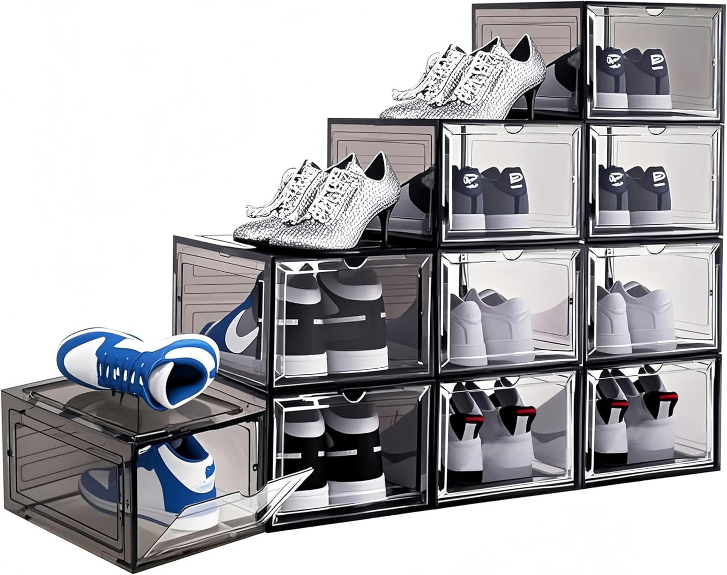 10 Pack Shoe Storage Box Clear Hard Plastic Shoe Organizer Stackable Hats Sneaker Display Case with Lids for Size 13, Black