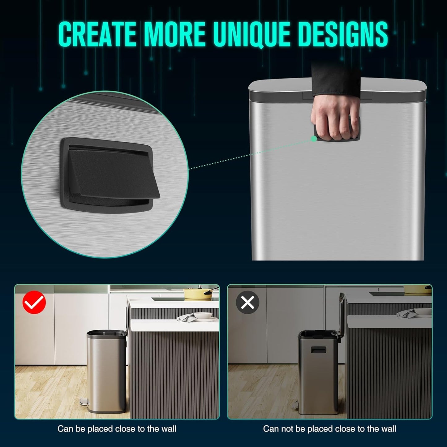 13 Gallon Stainless Steel Foot Pedal Large Trash Can with Soft Close Quiet Curved Surface Top Lid and Deodorant Storage Space, with 30 Garbage Bags for Kitchen/Home/Office Trash can and More - Silver