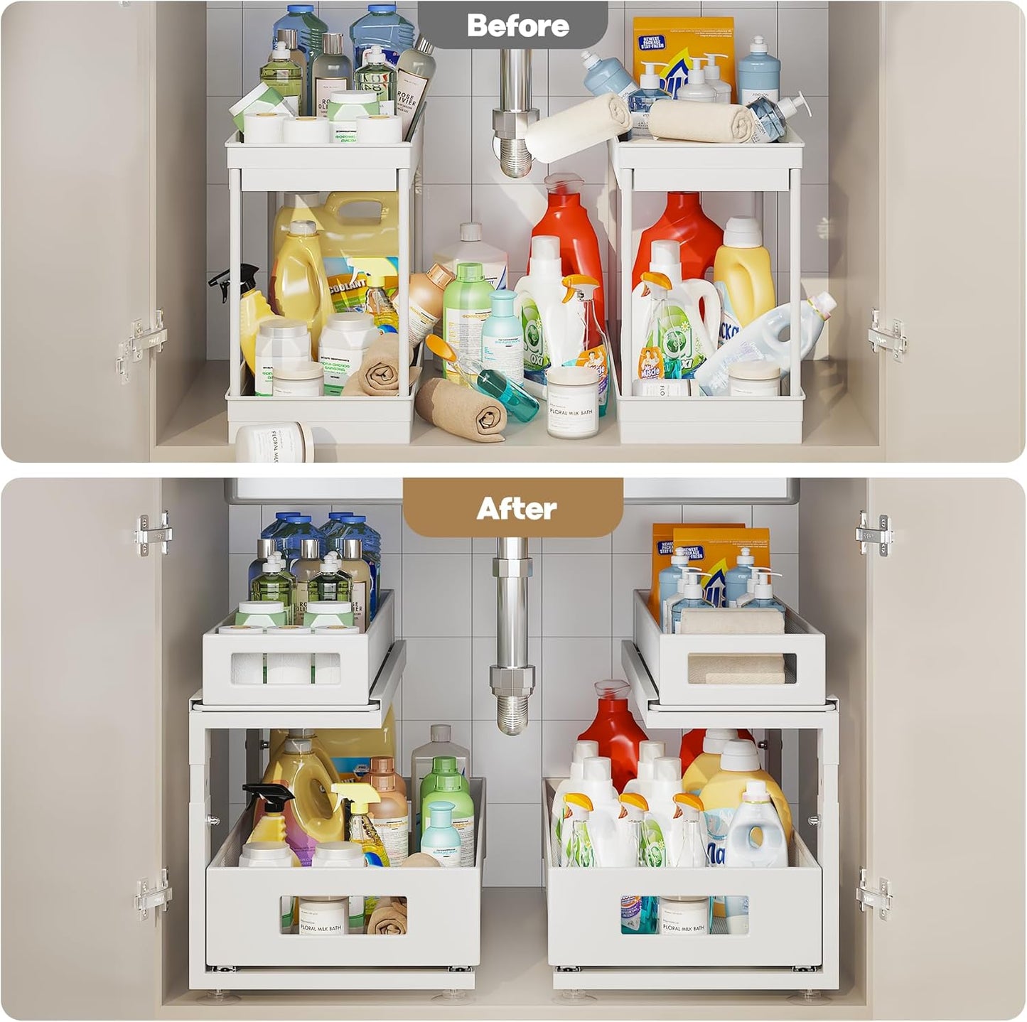 2 Pack 18.5IN-Depth Under Sink Organizer With Next-Gen Ball-Bearing Slides,2-Tier Pull Out Cabinet Storage,Height Adjustable Drawer Shelf for Bathroom,Kitchen,Laundry,Cabinet,Pantry-White