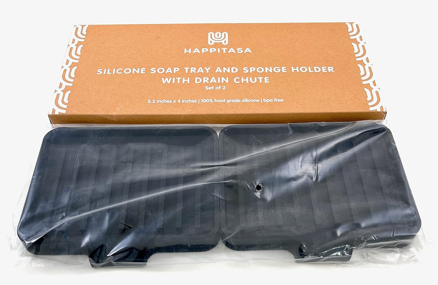 Happitasa Silicone Soap Dish Tray and Sponge Holder with Drain Chute, Pack of 2 | Bathroom and Kitchen Sink Organizer Caddy (Black, 5.2"x4", 7.2 Ounces)