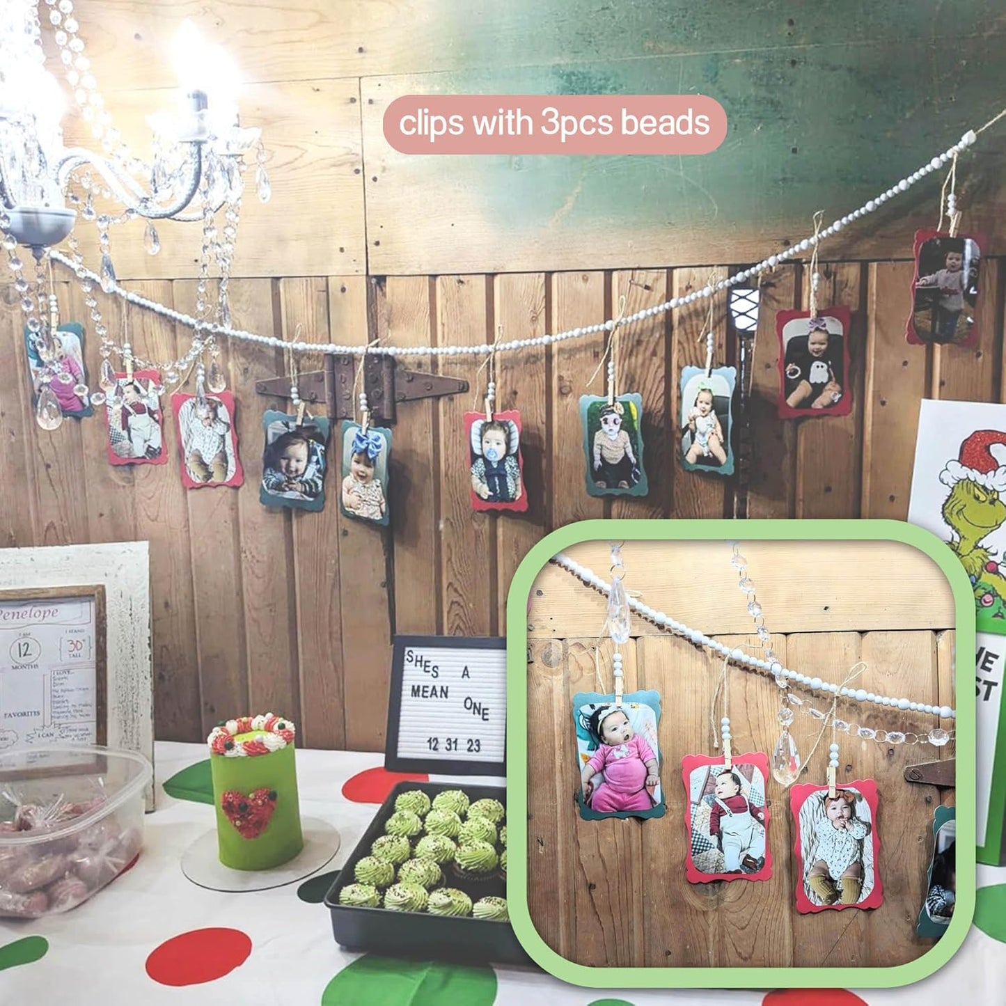 4 Feet Wooden Beads Garland with Clothespins Picture Cards Holder - Country Farmhouse Christmas Nursery Boho Holiday Decorations with Clips