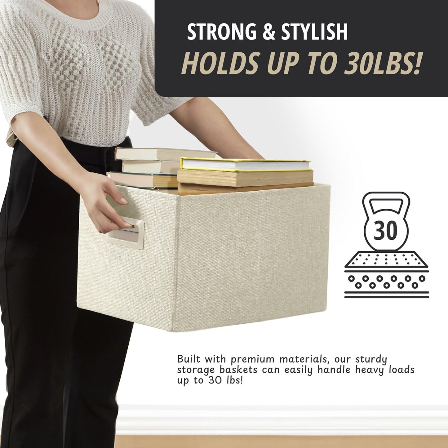 DECOMOMO Storage Bins for Shelves Robust Fabric Closet Bins for Shelves Toy Storage Clothes Books (Pack of 3 – Beige)