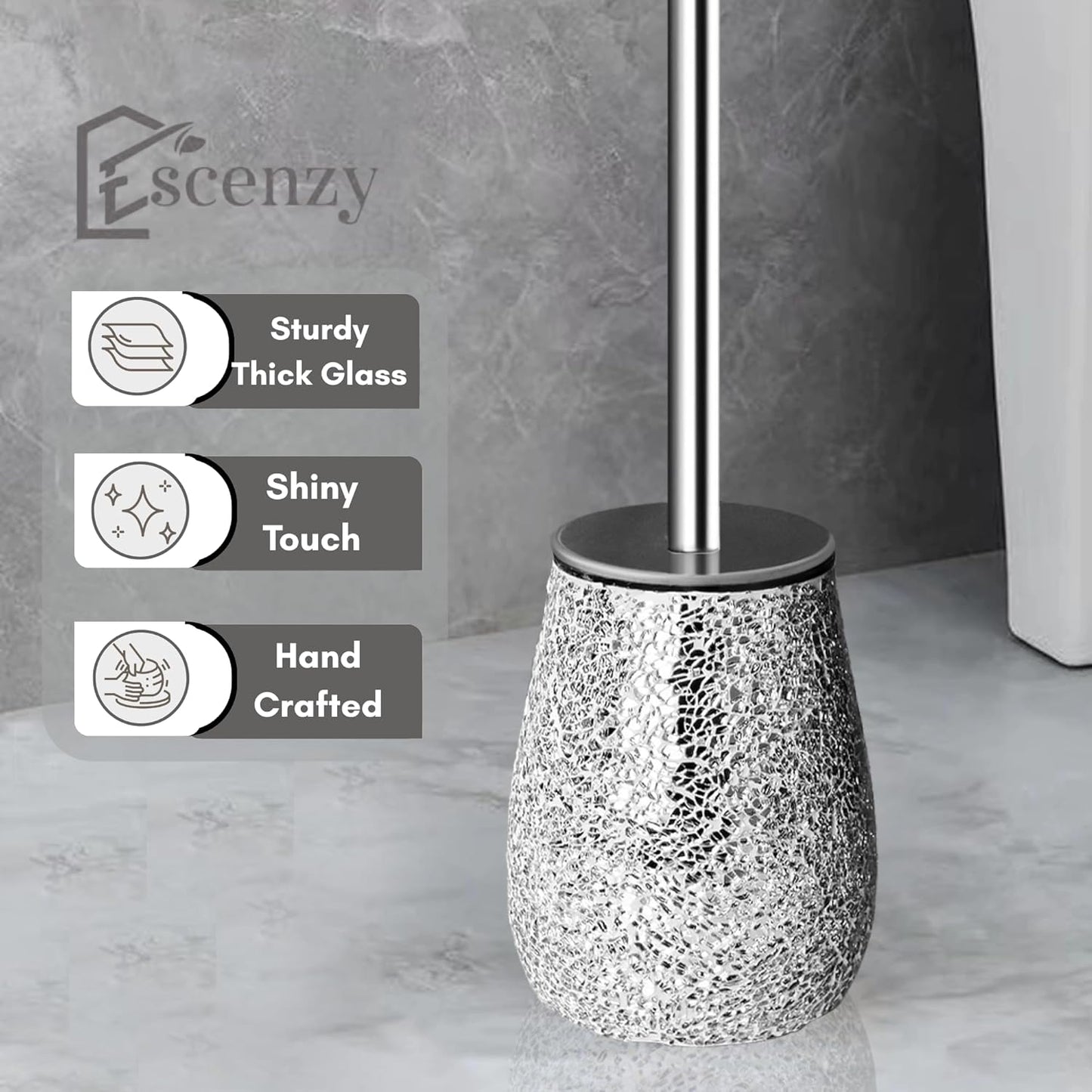 Escenzy Modern Toilet Brush and Holder Set Mosaic Glass | Non-Rustic Stainless Steel | Practical & Decorative Toilet Bowl Brush and Holder | Luxury Silver Glitter Bathroom Accessories