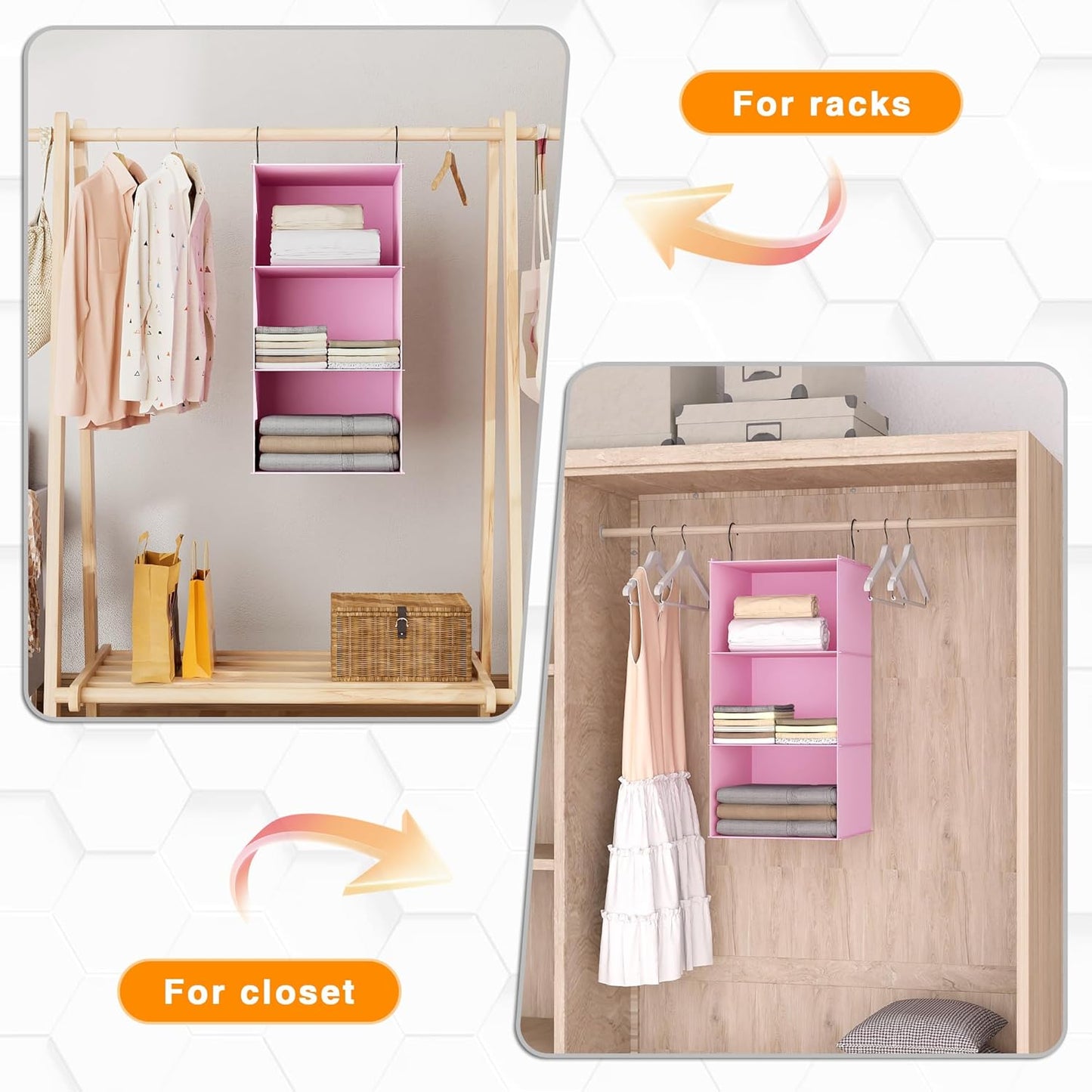 Hanging Closet Organizer and Storage 3-Shelf, Easy Mount Foldable Hanging Closet Wardrobe Storage Shelves, Clothes Handbag Shoes Accessories Storage, Washable Oxford Cloth Fabric, Pink