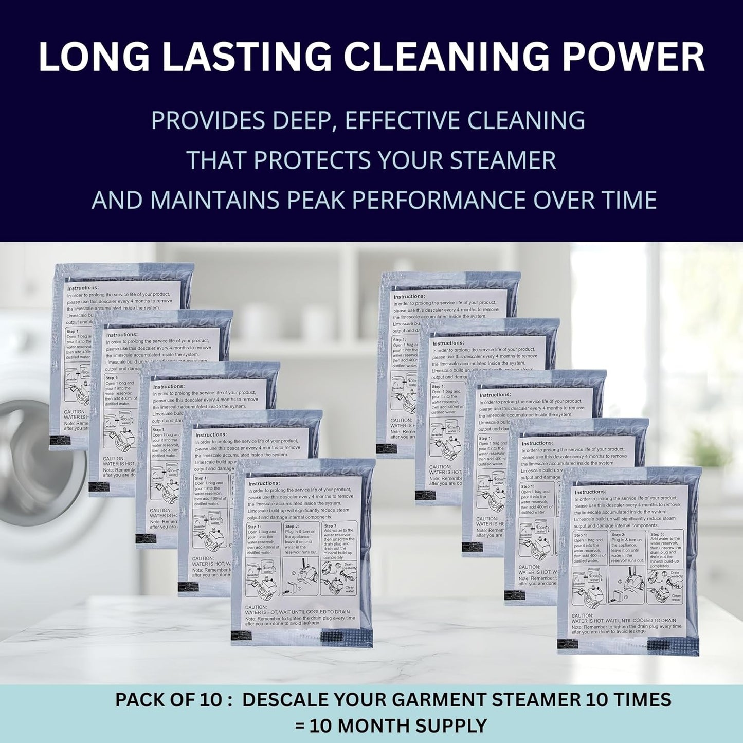 Garment Steamer Descaling Solution Decalcifier Packets for Mineral Deposits and Build-up Removal, Maintenance for Clothes, Works with all Garment Steamer Brands, Cleans Build Up, 10 packs