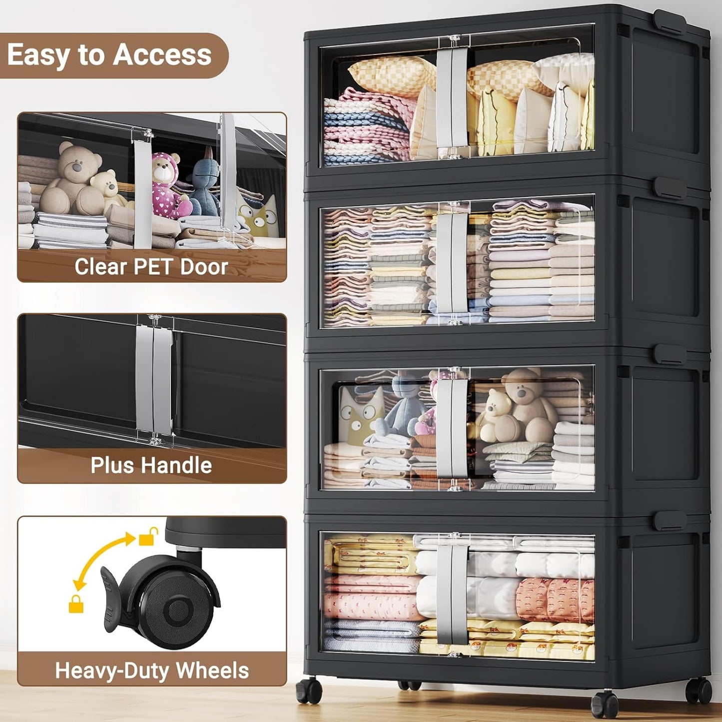 BROVIEW 160QT Stackable Storage Bins with Lids, 40Gal Extra Large Collapsible Storage Box with Wheel, Plastic Storages with Clear Door Open Front for Home Kitchen Garage, Black-1pack