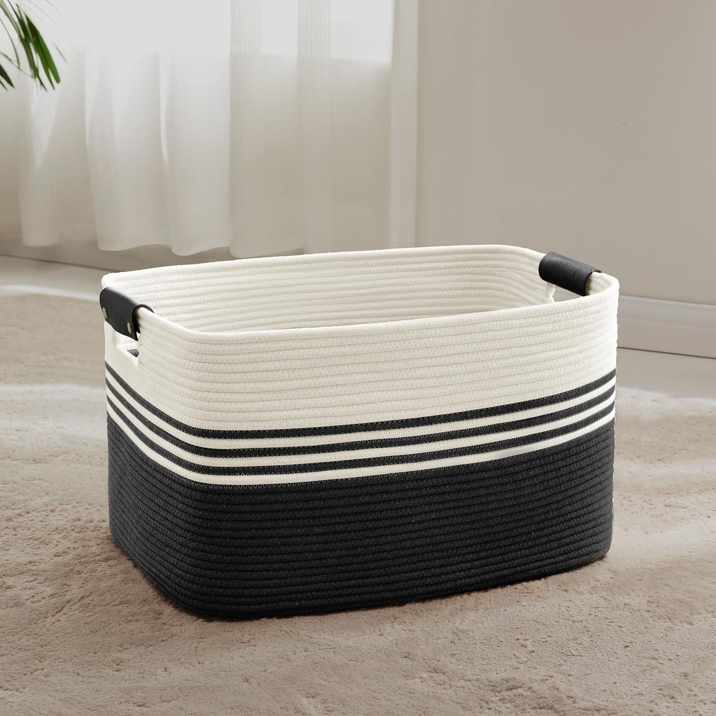 60L Large Laundry Basket with Leather Handles for Living Room Storage, Woven Rope Baskets Bin for Blanket, Kids Toy, Gifts, Wicker Hamper for Bedroom Dirty Clothes, 21"x15"x11" White Black