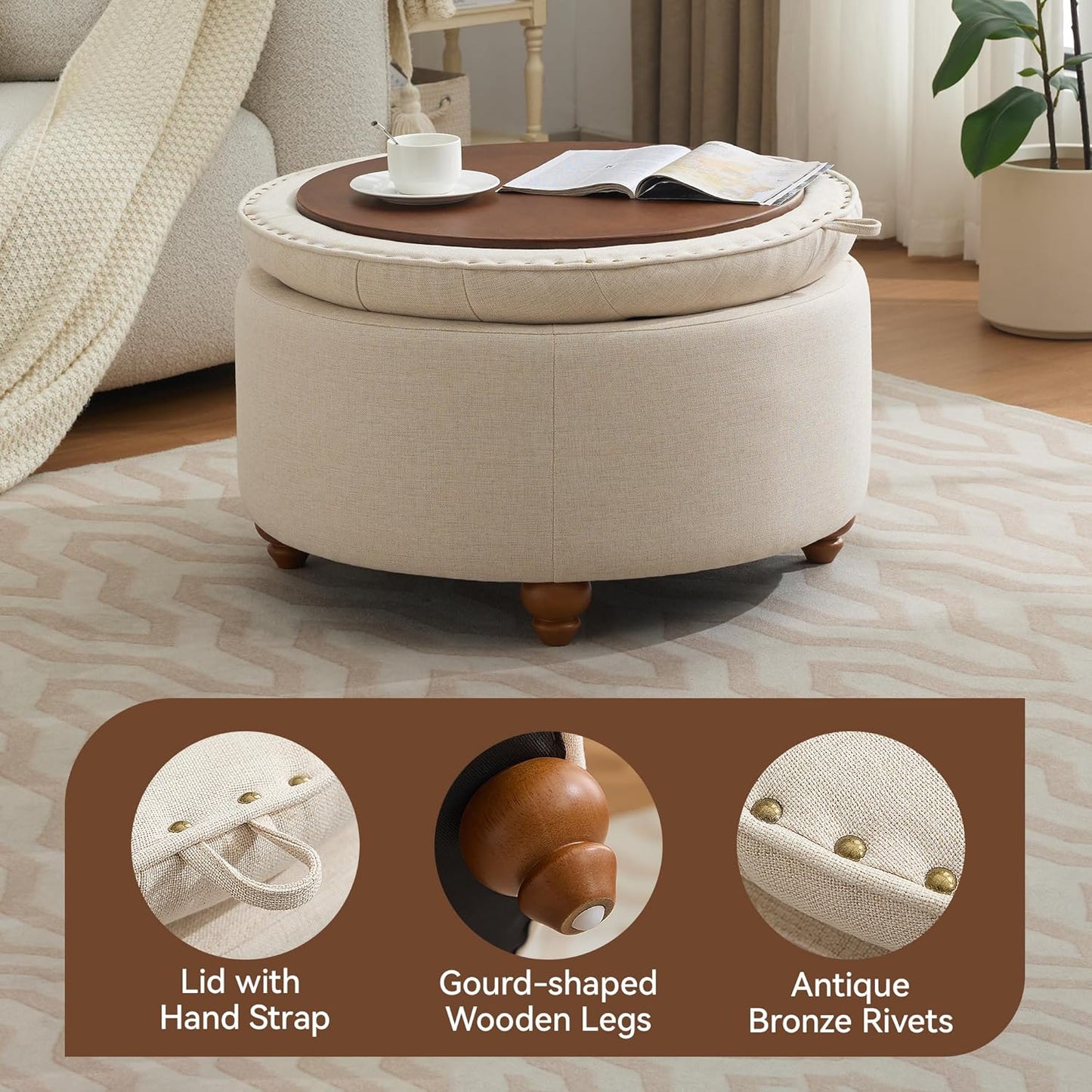 30Inch Round Storage Ottoman with Tray, Modern Tufted Fabric Circle Coffee Table with Storage, Upholstered Ottoman with Removable Top for Living Room, Bedroom, Khaki