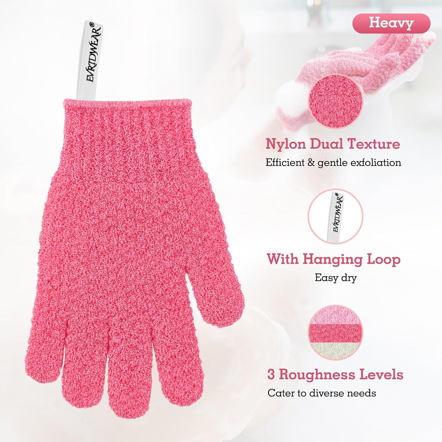 Evridwear Exfoliating Glove Shower Gloves Exfoliate Dead Skin for Dry Sensitive Skin No Irritation with Hanging Loop