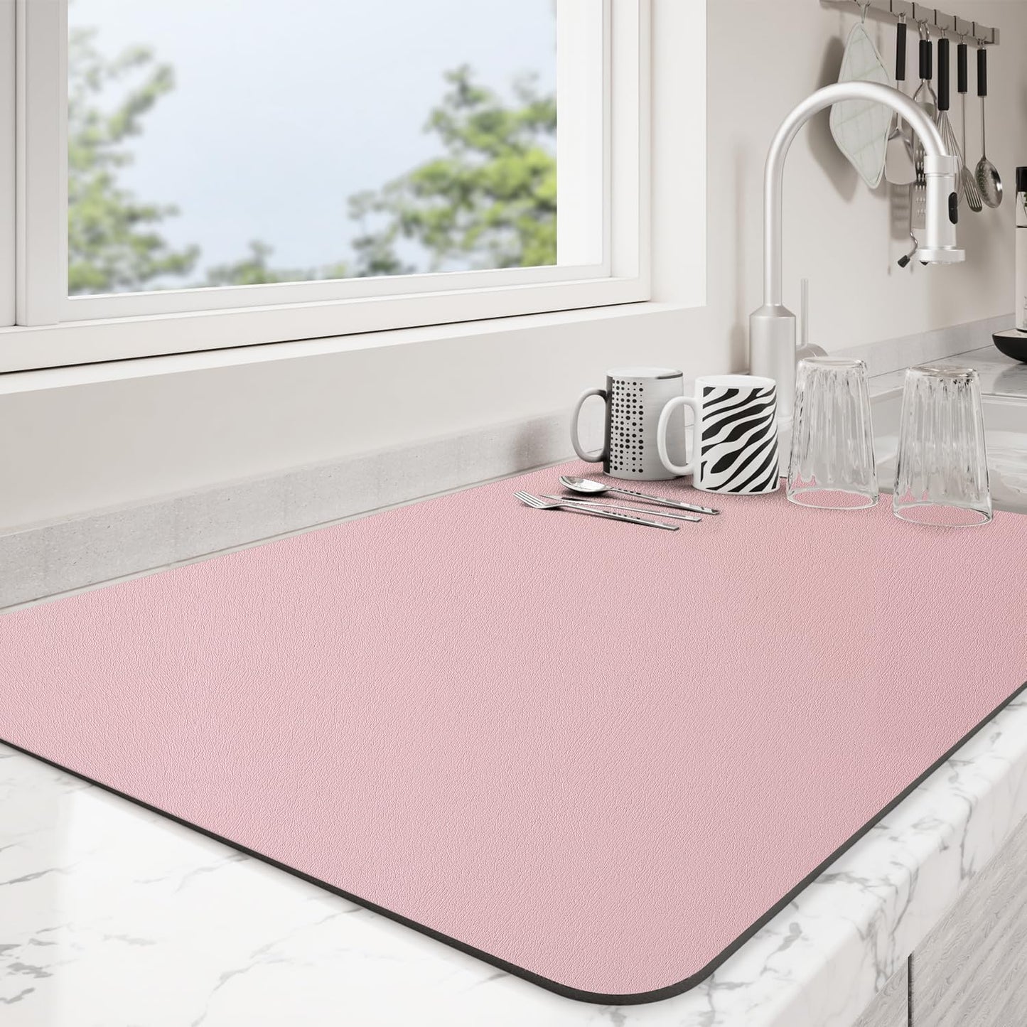 Dish Drying Mat for Kitchen Counter | Coffee Bar Mat for Countertops | Heat Resistant Drainer Mat with Non-slip Rubber Backed | Hide Stain Kitchen Absorbent Draining Mat | Pink 18"x32"