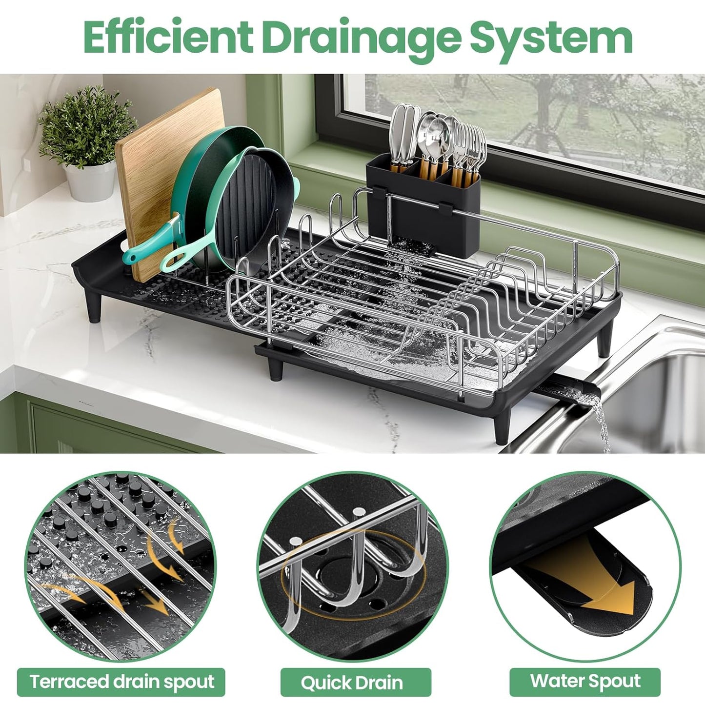 Expandable Dish Drying Rack, Foldable Dish Rack for Kitchen Counter, Stainless Steel Collapsible Dish Drainer Racks with Cutlery Holder, Black