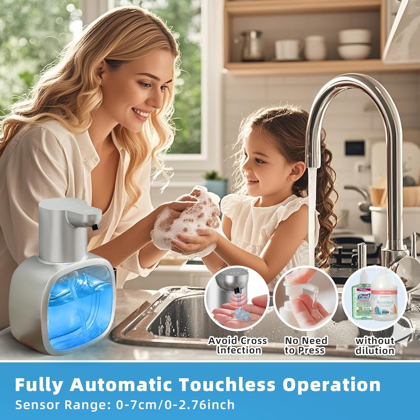 Automatic Liquid Soap Dispenser, 17oz/500ml Touchless Rechargeable with 4-Level Adjustable & IPX5 Waterproof - Level Display for Wall/Tabletop Use in Bathroom, Kitchen, Silver