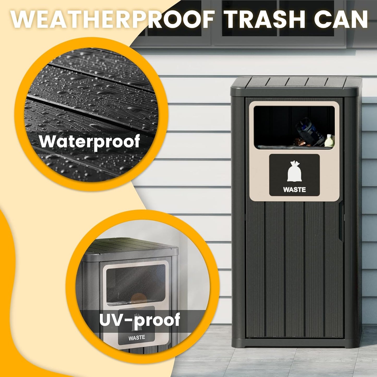 22 Gallon Outdoor Trash Can Waterproof Resin Garbage Can with Waste Labels Outside Trash Bin for Patio Kitchen Commercial Garbage Can Backyard or Deck Black