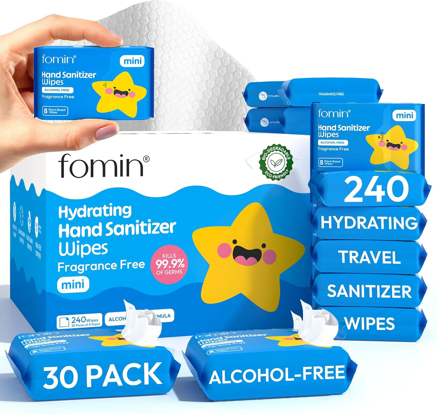 Fomin Mini Hand Sanitizer Wipes 30 Pack (8 Count) - Fragrance Free Mini Wet Wipe - pH Balanced, Biodegradable, Antibacterial On The Go Hand Sanitizing Wipes - Hypoallergenic, Plant-Based Travel Wipe