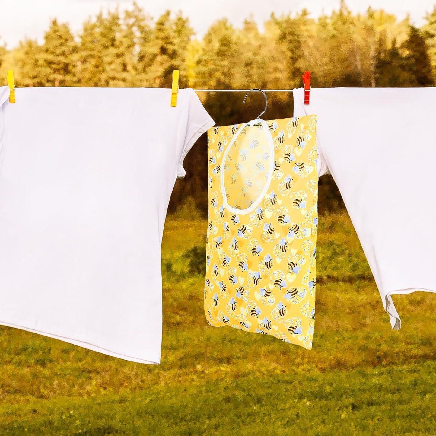 Bee Honeycomb Clothespin Holder - 2 Pcs Bee Clothes Pin Bags - 15 X 11 Inch - Clothes Hanging Bag for Laundry Room & Outdoor Use