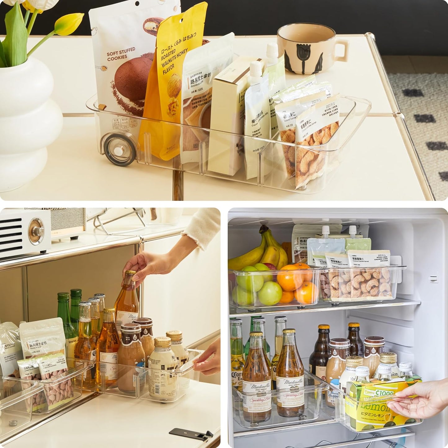 Fridge Organizer Bins With Wheels, 3 Pack Roll Out Refrigerator Organizers And Storage Refrigerator Drawer With Dividers, Upgrade Thick Plastic Pantry Storage Bins, Kitchen Organization