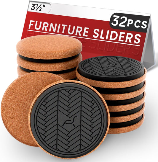 Felt Furniture Sliders for Hardwood Floors, PISAO 32 PCS 3 ½” Heavy Duty Furniture Movers - Unique Non-Scratch Design, Thick Felt Pads for Hard Surfaces, Move Large Furniture Easily
