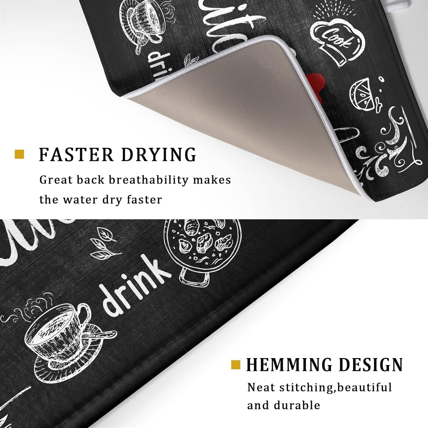 Black Coffee Bar Dish Drying Mats for Kitchen Counter 18x24 Inch, Kitchen Drying Mat, Kitchen Coffee Bar Dishes Pad Dish Drainer Rack Mats Absorbent Fast Dry Kitchen Accessories