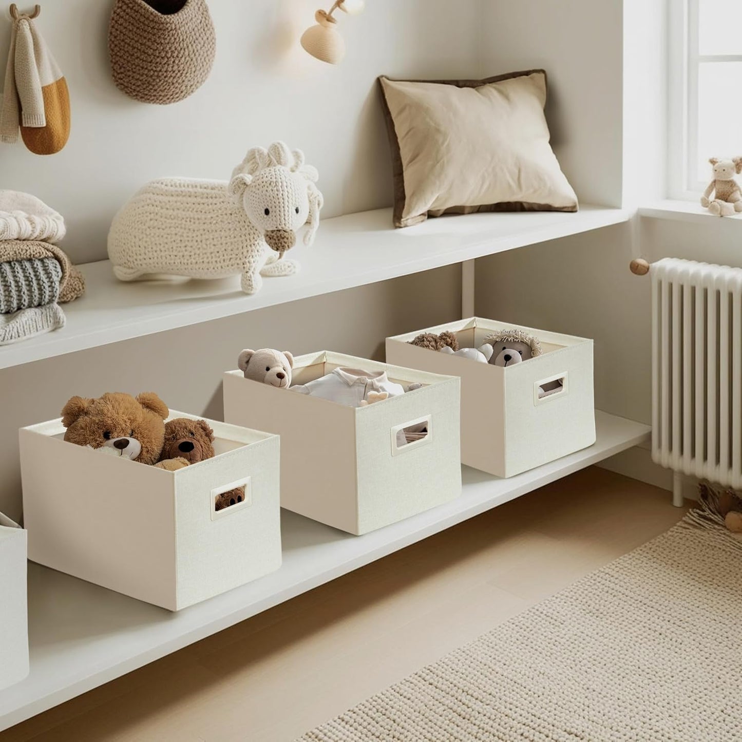 DECOMOMO Storage Bins for Shelves Robust Fabric Closet Bins for Shelves Toy Storage Clothes Books (Pack of 3 – Beige)