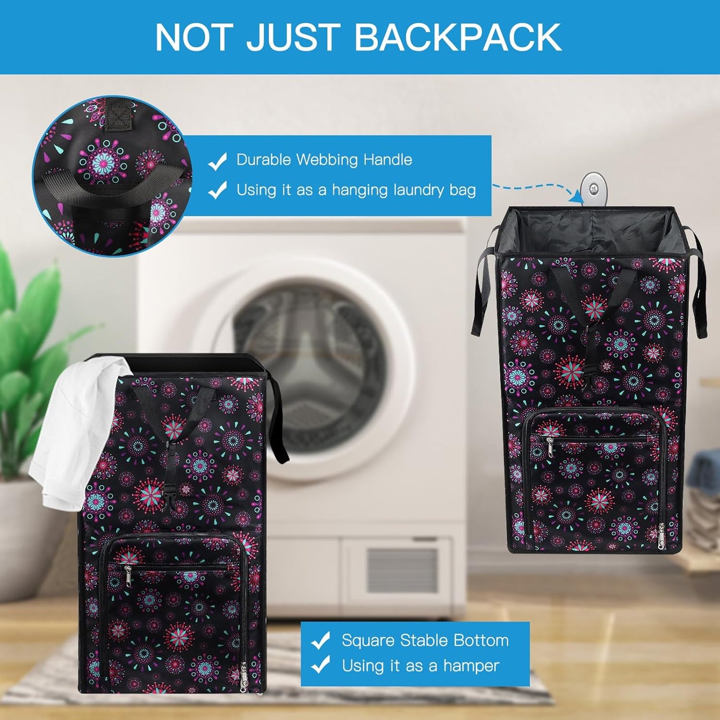 Bukere Laundry Backpack Bag for Women Girls, Extra Large Laundry Basket Hamper for College Dorm Room Essentials, Adjustable Shoulder Straps, Collapsible Freestanding Laundry Bag for Gym, Yacht