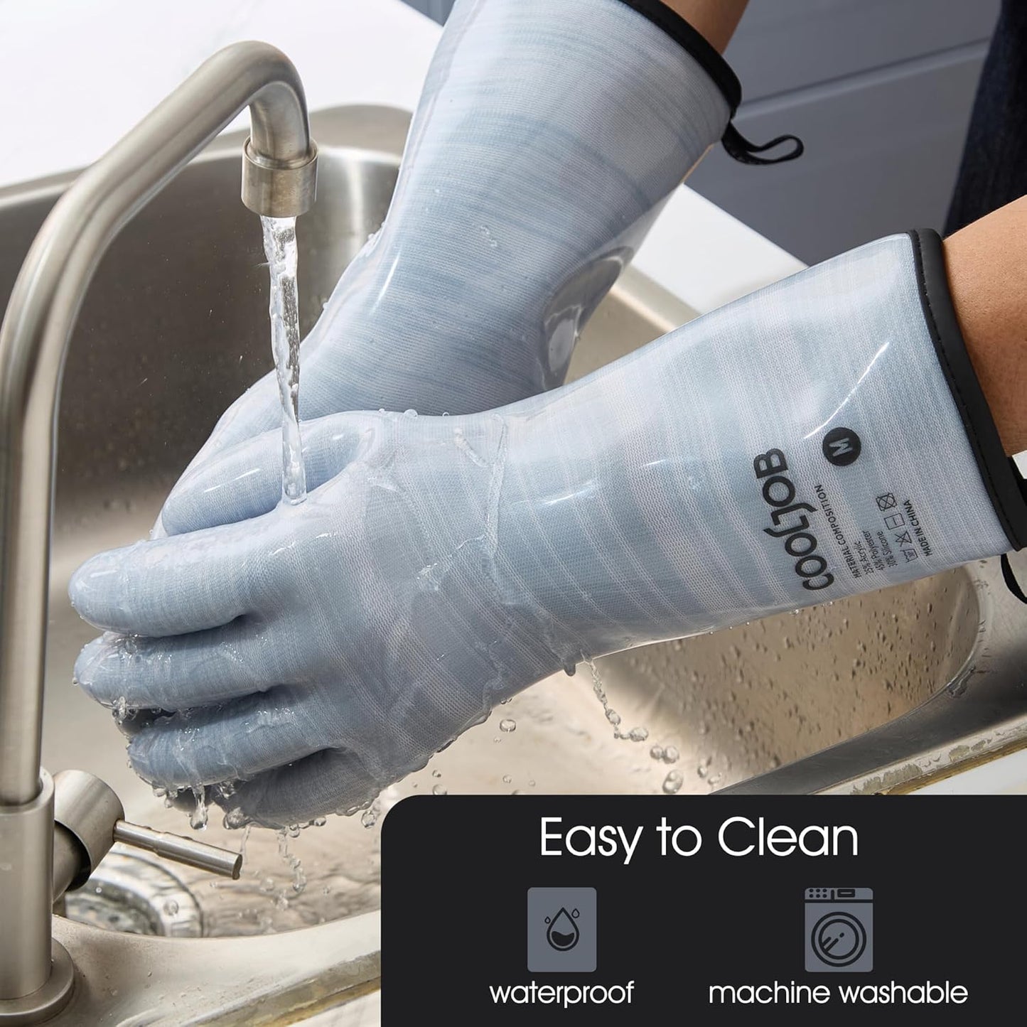 COOLJOB Heat Resistant Oven Gloves, Waterproof Liquid Silicone BBQ Grilling Gloves for Barbecue, Kitchen Cleaning, Baking, Blue, Medium