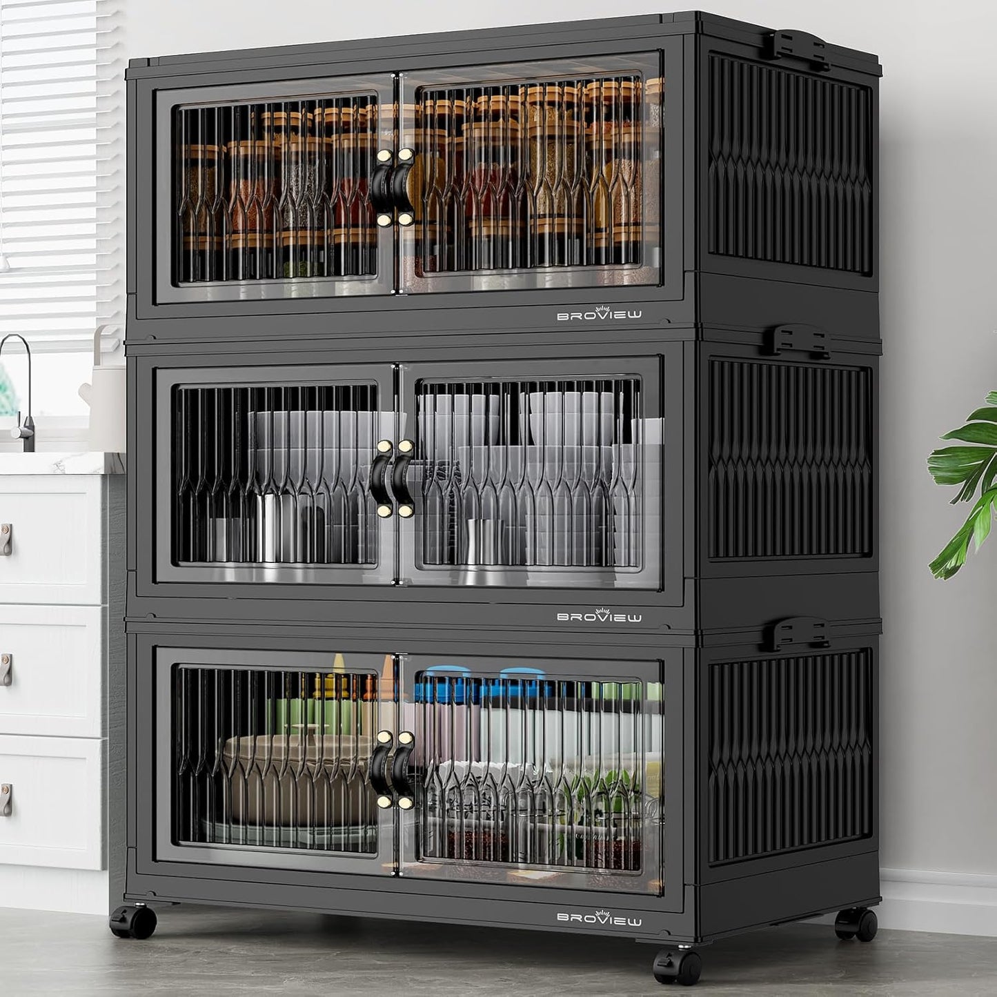 BROVIEW 360Qt Stackable Storage Bins with 3 Lids, Extra Large Closet Organizer Collapsible Drawer Boxes with Wheels, Folding Plastic Cabinet Containers for Home Kitchen Room Organization, 3Pack Black