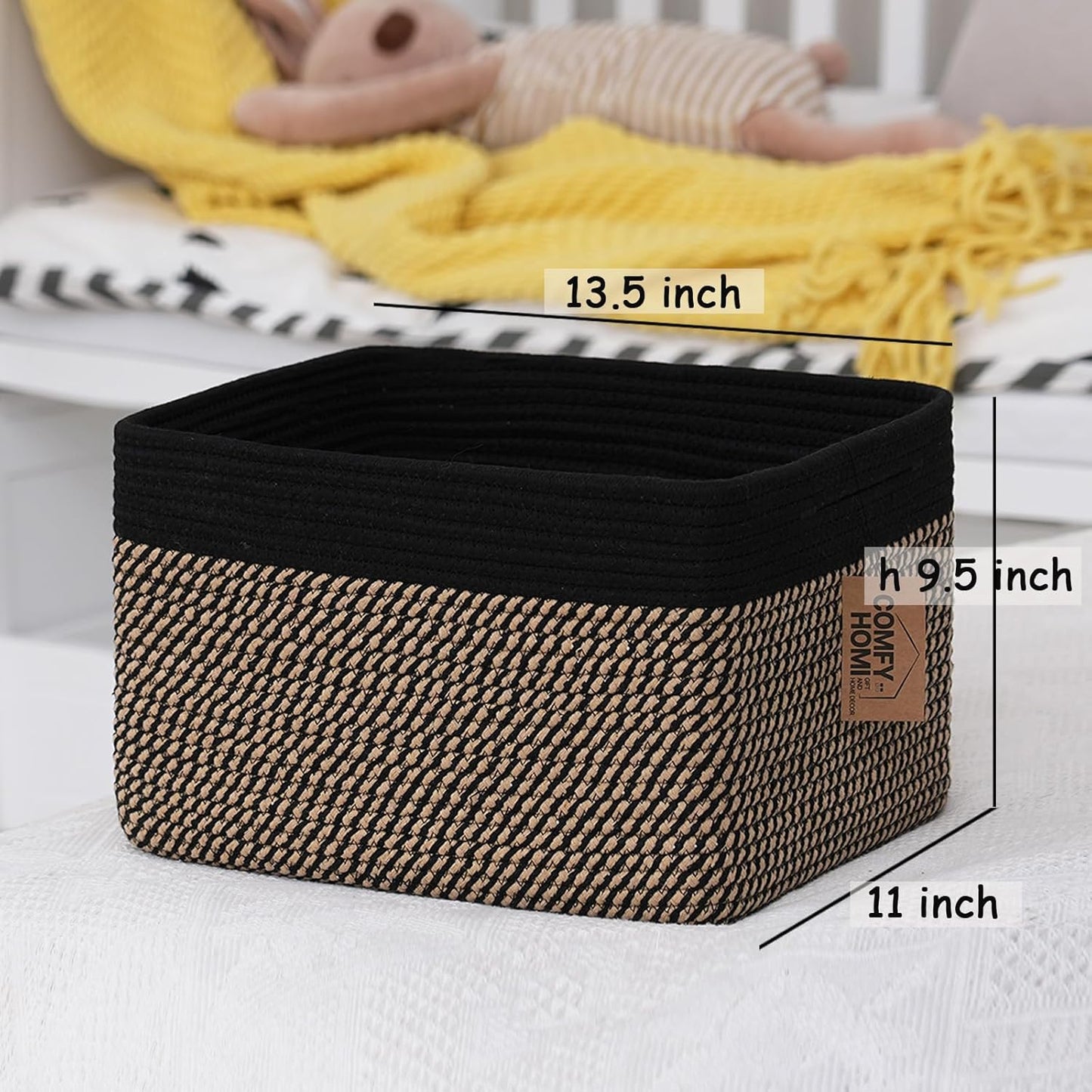 COMFY-HOMI 3PACK Cotton Rope Square Basket with Handles for Shelves|Dog Toy Bin and Storage|Baby Gift|Shoe Organizer|New 13.5" x 11" x 9.5" for Living Room (Black/Jute)