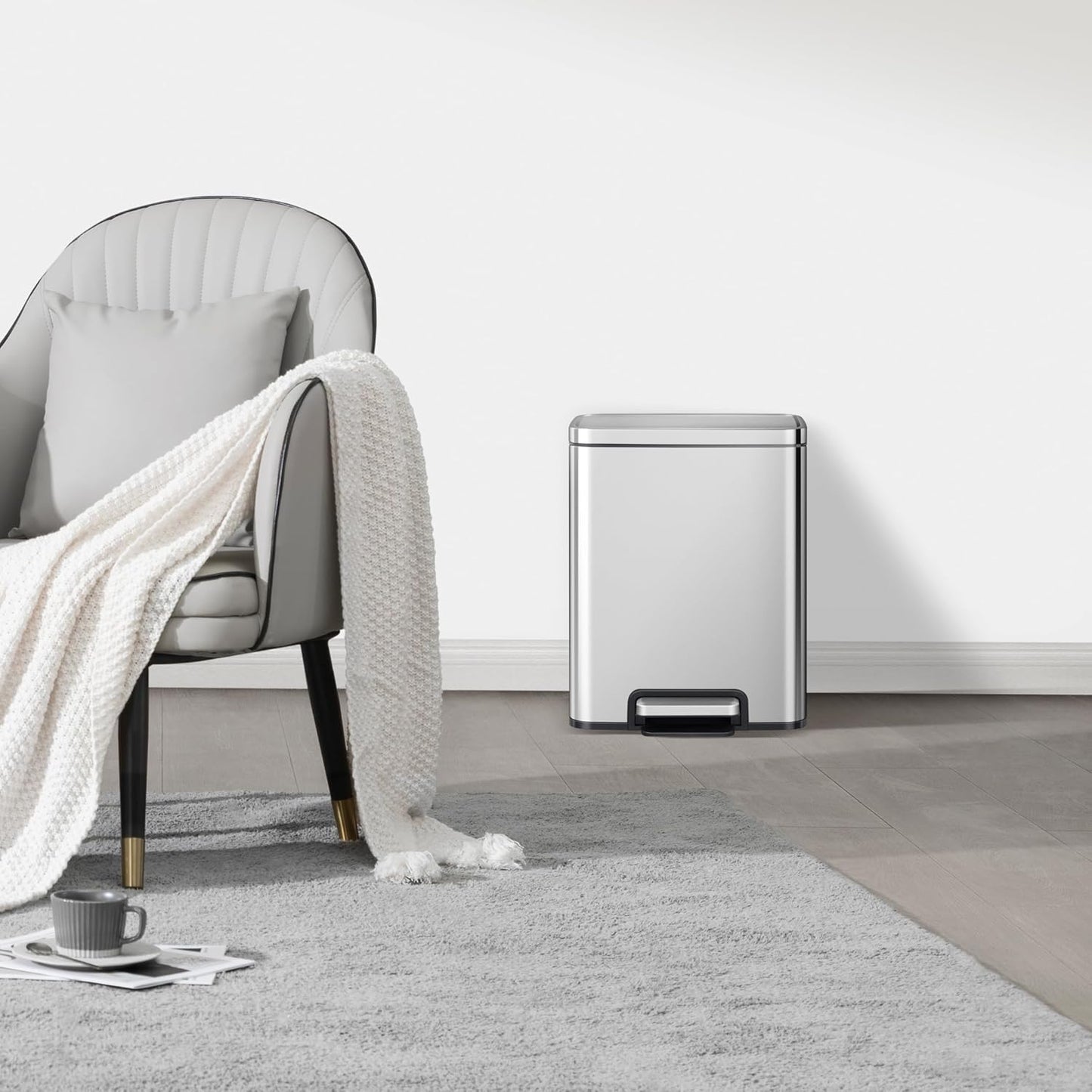 EKO Madison 12L / 3.2 Gal Bathroom Trash Can with Lid and Removable Inner Basket, Rectangular Small Step Trash Can, Brushed Stainless Steel