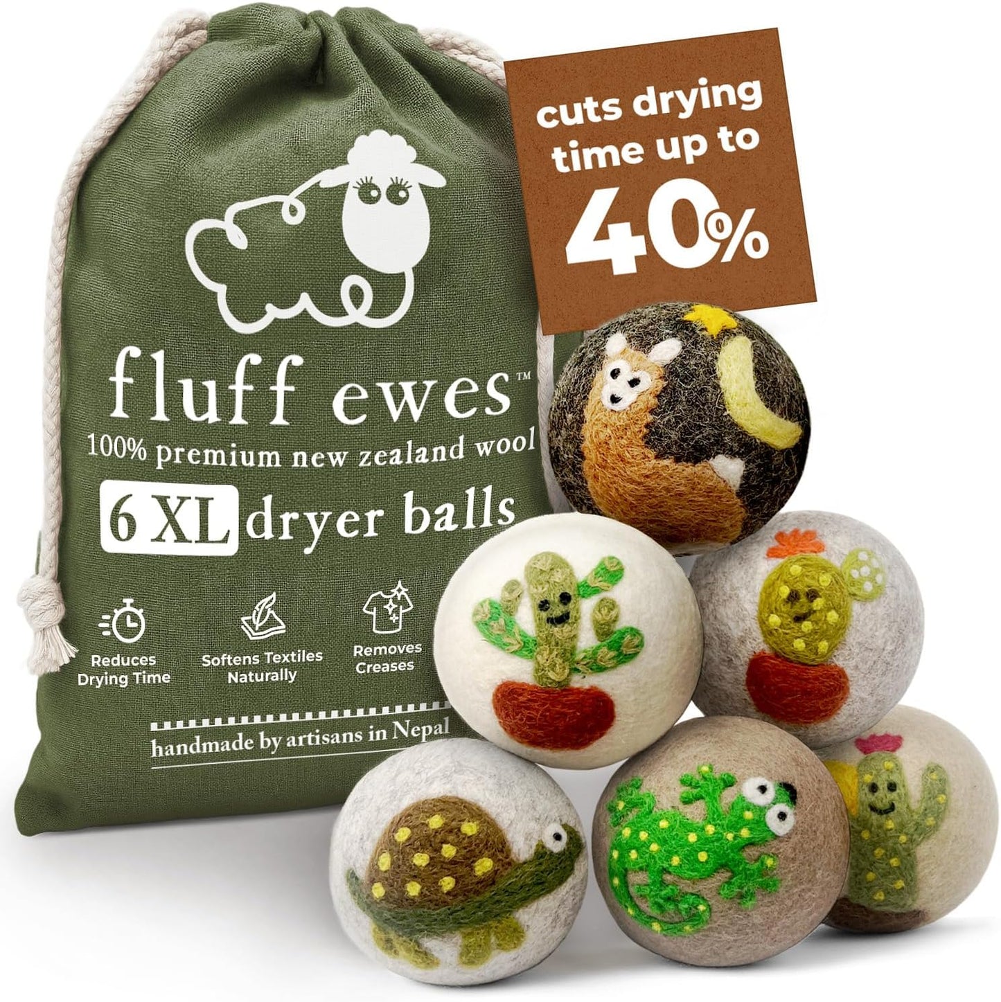 Fluff Ewes Wool Dryer Balls 6 Pack Premium New Zealand Wool Laundry Balls for Dryer, No Static Dryer Balls Laundry Reusable, XL Wool Dryer Balls Cute, Baby Dryer Balls for Dryers - Kiss My Cactus