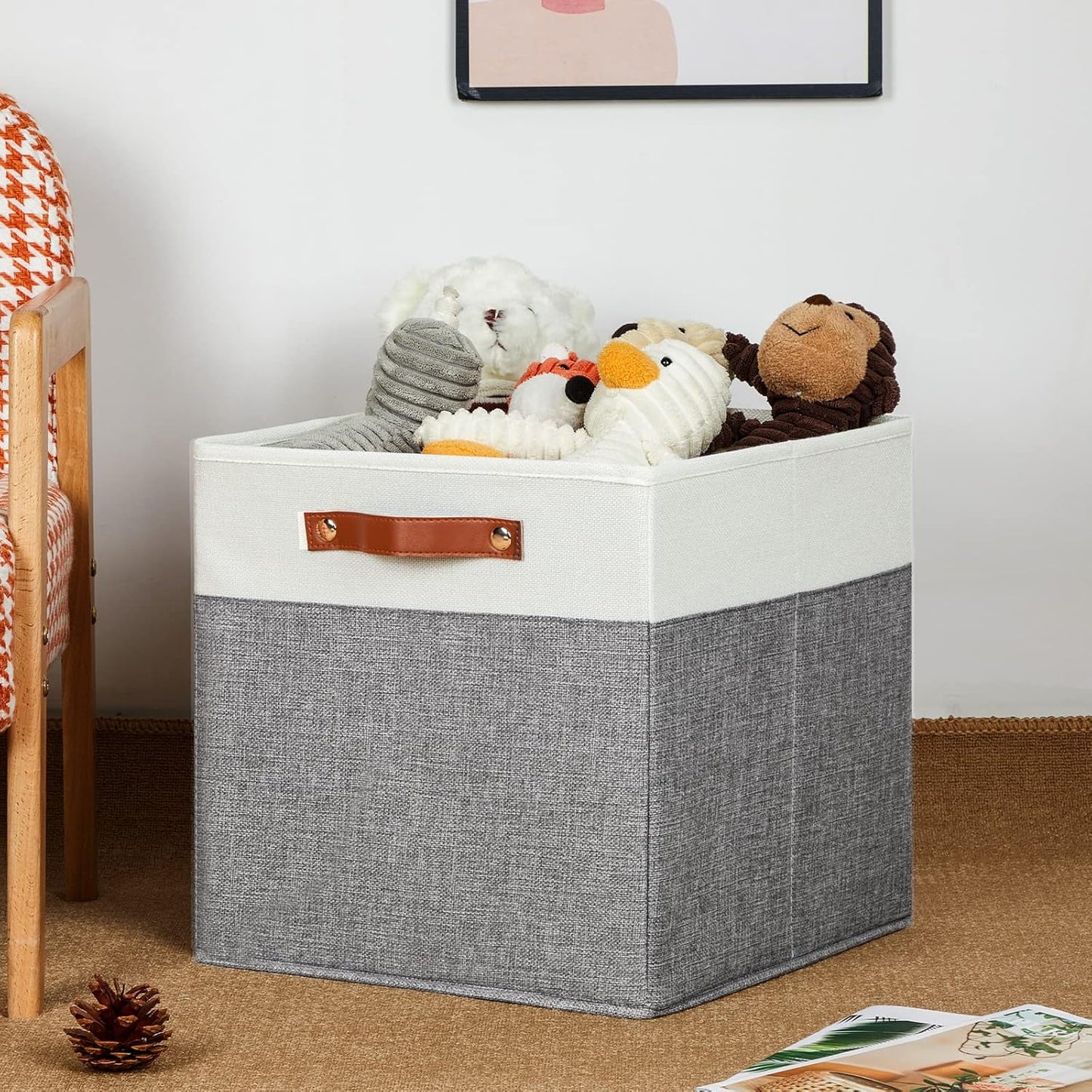 HNZIGE Foldable Storage Bins 13x13 Storage Cubes Set of 4 Fabric Linen Storage Baskets for Shelves Drawer with Handles Organizer for Shelves Toy Nursery Closet Bedroom