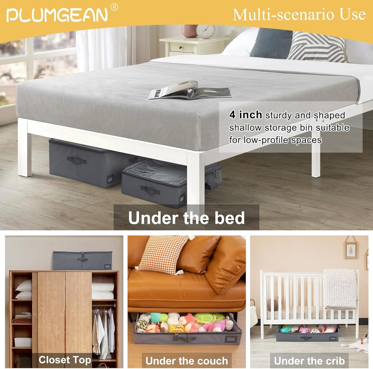 4-Inch Under Bed Storage Containers (2-Pack) | Sturdy Sidewalls | Clear Cover & Label Holder | Foldable Closet Organizer | Stores Clothing/Blankets/Sweaters/Sheets