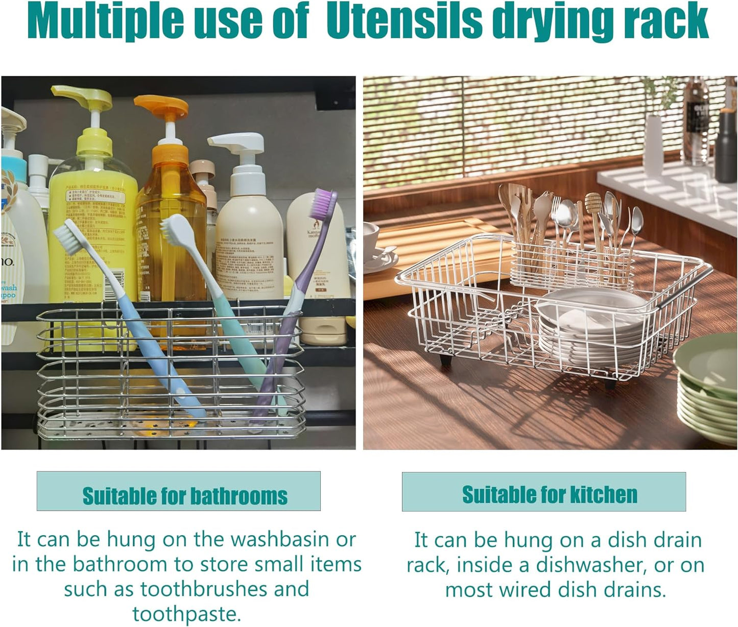 304 Stainless Steel Utensil Holder, Dish Drying Rack, kitchen Utensil Organizer, Knife and Fork Drainage Rack, Kitchen Drainage Basket Accessories, With Hooks, Rust Proof, Color-Silver