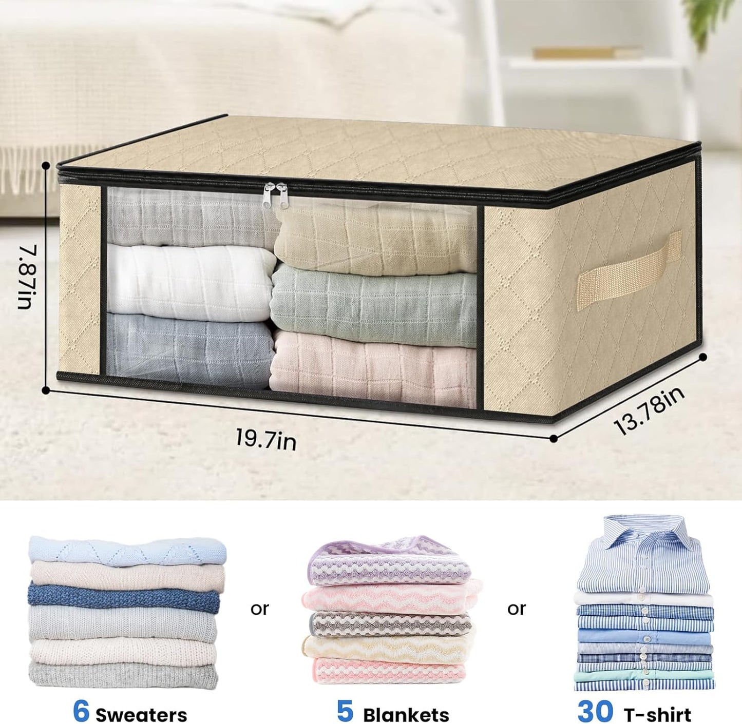 HomeHacks Storage 10-Pack Clothes Organizer Storage Bags Foldable Storage Box with Large Clear Window Sturdy Handles for Closet, Dorm, Pillows, Bedding, Clothes, Blankets, 35L, Beige
