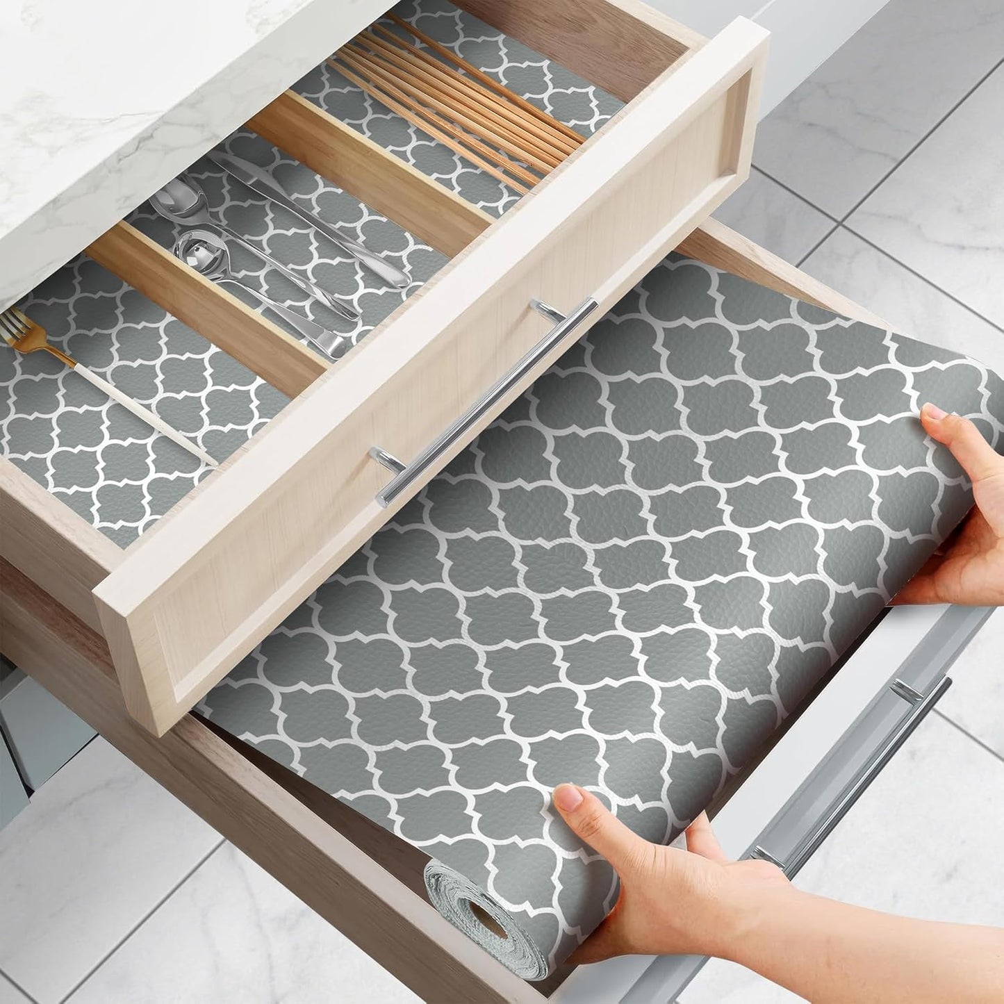 Drawer and Shelf Liner for Kitchen Cabinets Non-Adhesive, Non-Slip Cabinet Liner Shelf Paper Strong Grip Waterproof Easy to Clean for Kitchen Shelves Cupboard, Gray Lantern,17.5IN X 10FT