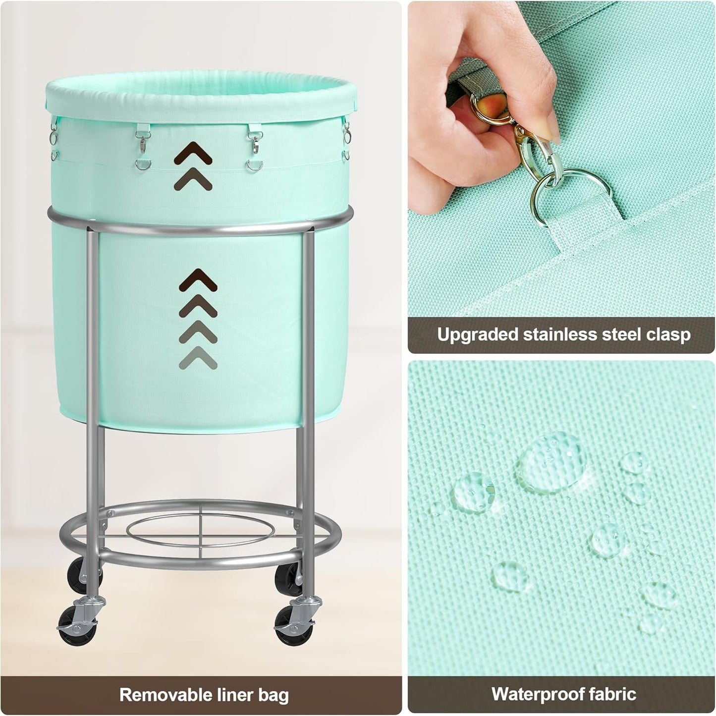 ELYKEN Laundry Basket with Wheels, 170L Rolling Laundry Hamper with Removable Bag and Steel Frame, Round Laundry Cart with 4 Casters and 2 Brakes, Ideal for Bedroom, Bathroom, Laundry Room, Mint Green