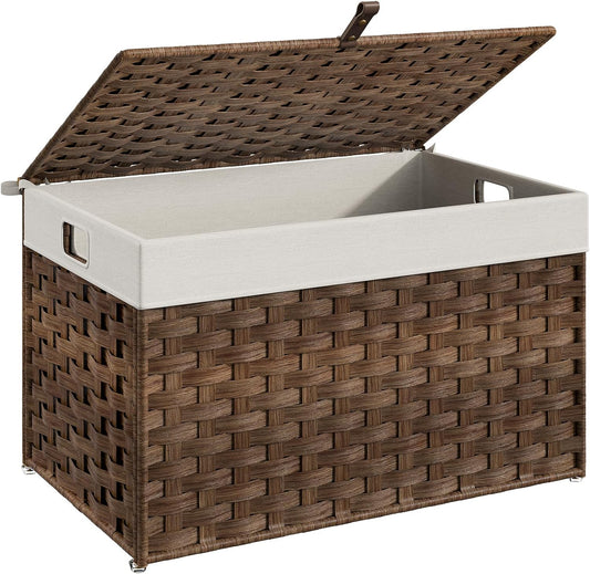 HOOBRO Storage Basket with Lid, 17.2 Gallon (65L) Wicker Basket, Handwoven Blanket Storage Basket with Handles, Metal Frame and Soft Lining, Foldable for Bedroom, Laundry Room, Brown BR265CW01