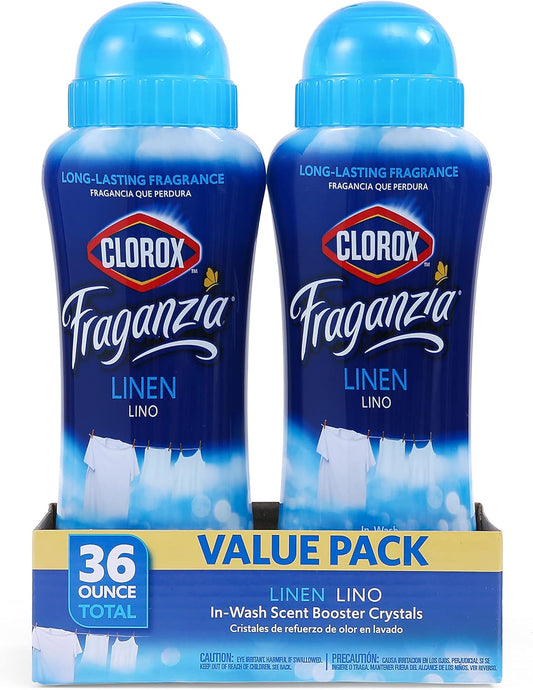 Clorox Fraganzia Laundry Scent Booster Crystals in Linen Scent - Scented In-Wash Freshener Beads for Fresh, Clean, Great Smelling Clothes and Linens, 18 Oz - 2 Pack