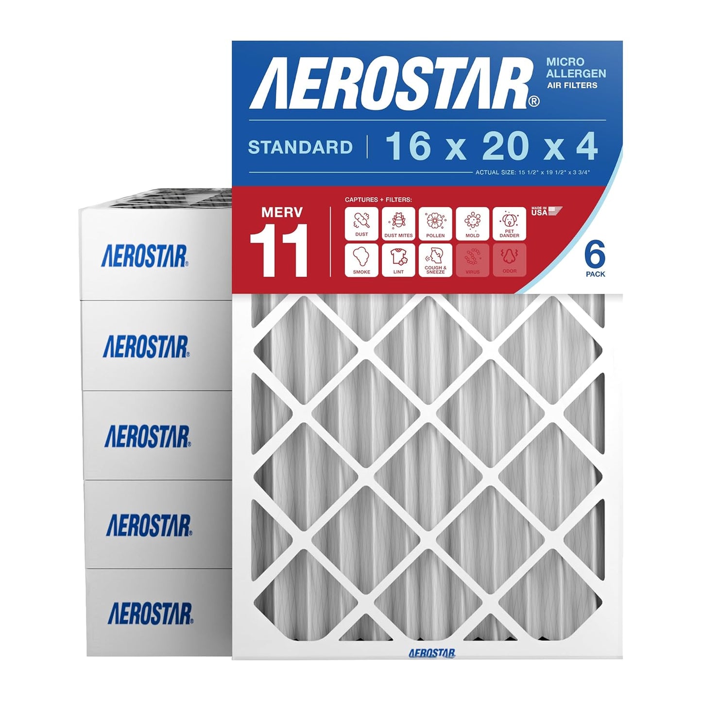 Aerostar 16x20x4 MERV 11 - 6 Count - Pleated HVAC, Furnace & Air Conditioner Filters - Removes Dust, Cold & Flu Germs, Lint, Mold, Pet Dander, Allergy-Causing Pollen, Smog & Smoke