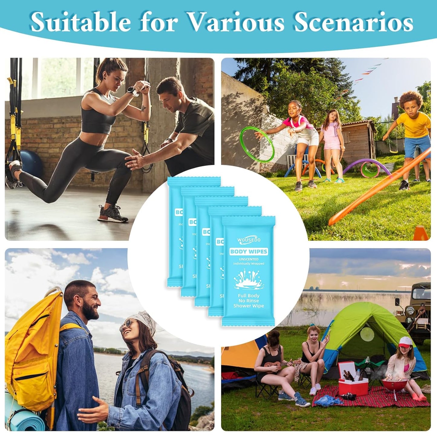 300 Pcs Ultra Thick Soft Large Body Wipes Individually Wrapped(7.87" x 9.45"),Shower Wipes for Adults Bathing No Rinse,Personal Cleansing Wipes for Travel Gym,Bulk Deodorant for Homeless(Blue)