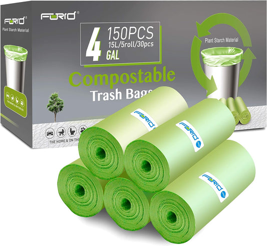FORID 4 Gallon Garbage Bags, 150 Count, Unscented, Strong Trash Can Liners, 15 Liter Wastebasket Bags for Kitchen, Bathroom, Home Office, Green