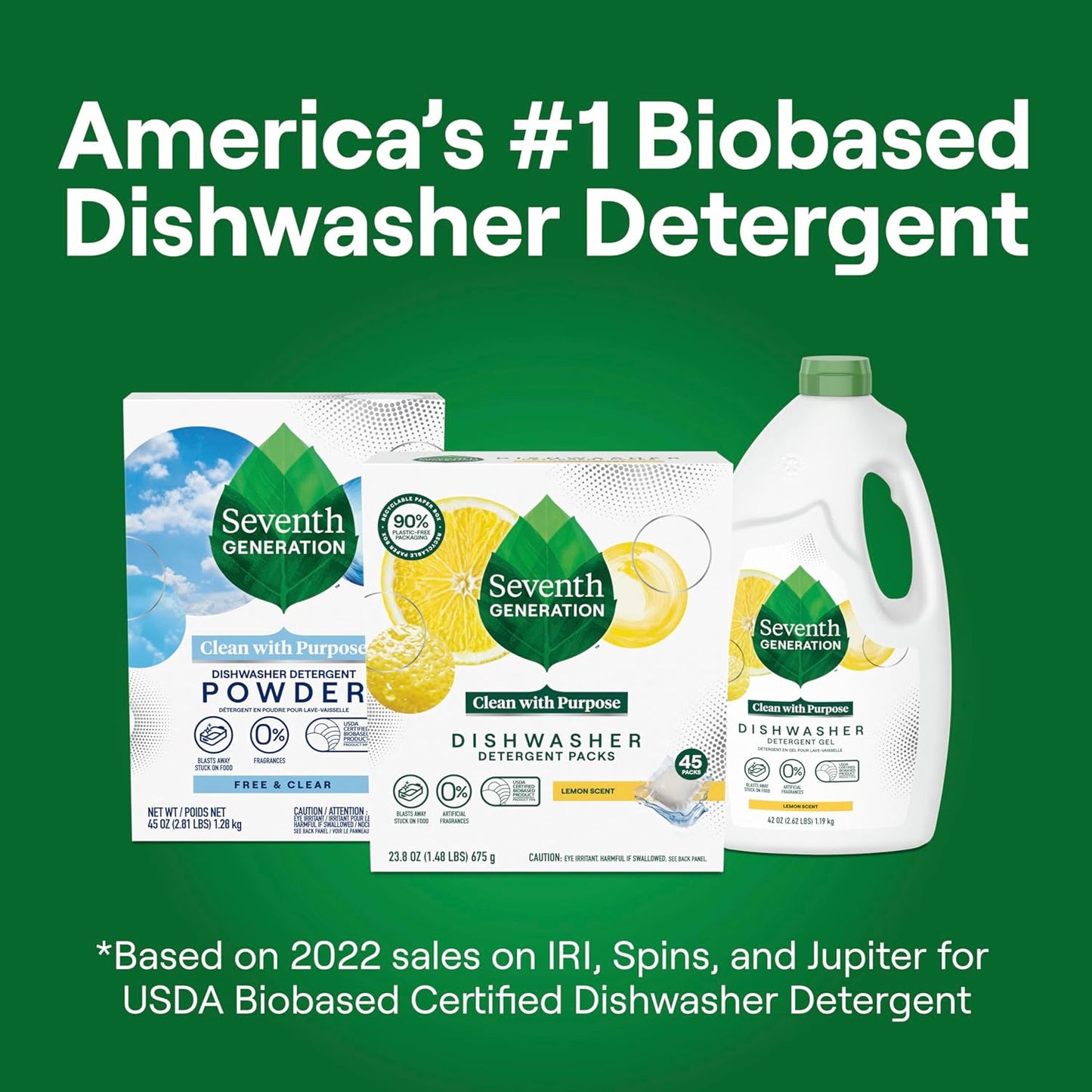 Seventh Generation Dishwasher Detergent Packs Lemon scent 2 Pack for sparkling dishes Dishwasher tabs 45 count