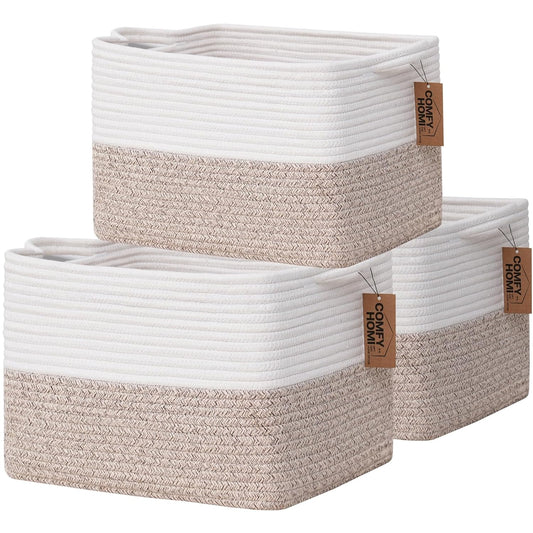 COMFY-HOMI 3-Pack Cotton Rope Woven Basket with Handles for Shelves, Books, Toys, Cloth Storage|Towel Storage|Nursery Baby Basket - 13.5" x 11" x 9.5" for Living Room (White/Brown)