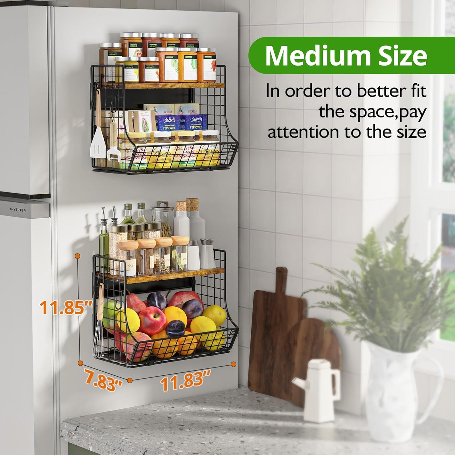 2 Pack Magnetic Shelf for Fridge with Wood Lid, Fruit Potato and Onion Storage Bins, Pantry Organizers and Storage, Strong Magnetic Spice Rack for Refrigerator, Kitchen Counter and Laundry Room