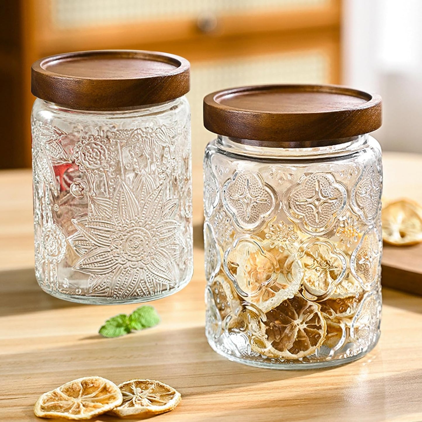 24 OZ/2 PCS Glass Storage Jar with Airtight Bamboo Wooden Lids, Vintage Food Containers Canisters Sets for Kitchen Counter Pantry, Sugar, Flour, Candy, Tea, Coffee Beans, Oats, Grain Bin, Pasta,