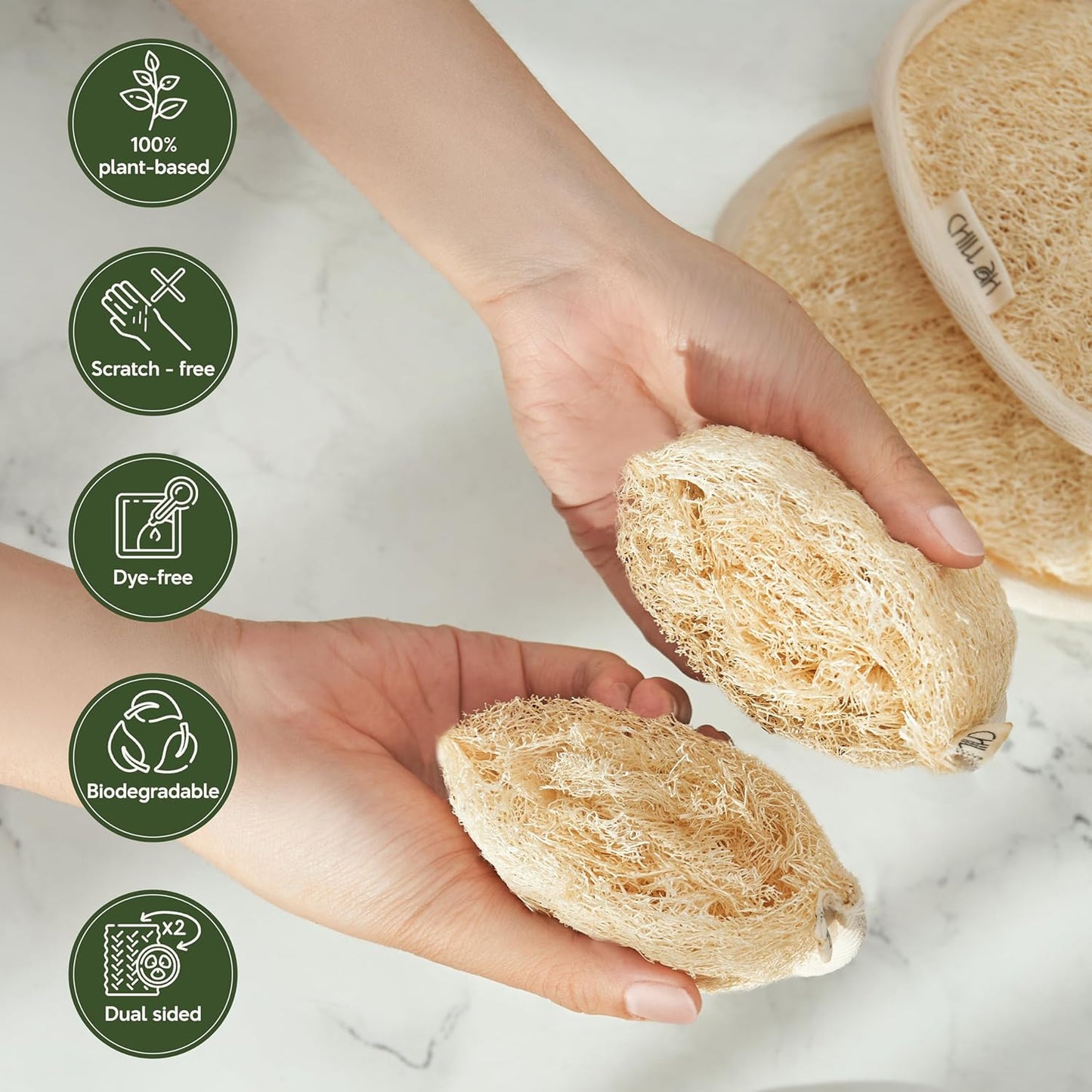 Chill Ah Green Glow All Natural Exfoliator Dual Sided Loofah Bath Sponge Set – 100% Plant-Based, dye-Free, Biodegradable, Scratch-Free, Handcrafted in Vietnam (2-Pack)