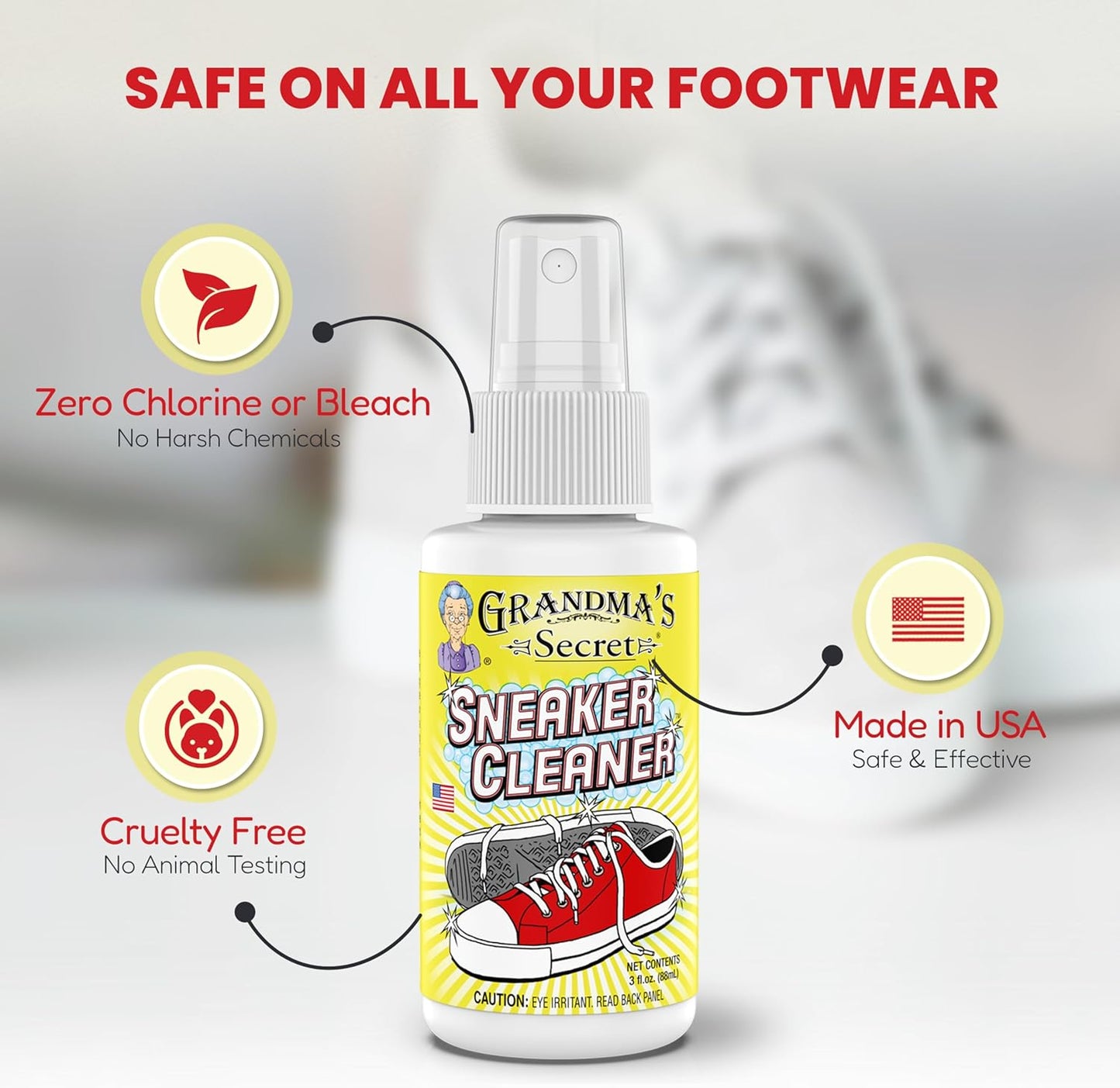 Grandma's Secret Sneaker Cleaner - Shoe Cleaner for Rubber, Canvas and Leather, Stain Remover Spray Removes Dirt, Grime and Grass, Sneaker Cleaner for Outdoor Shoes, Slippers and Moccasins, 3oz 3 Pack