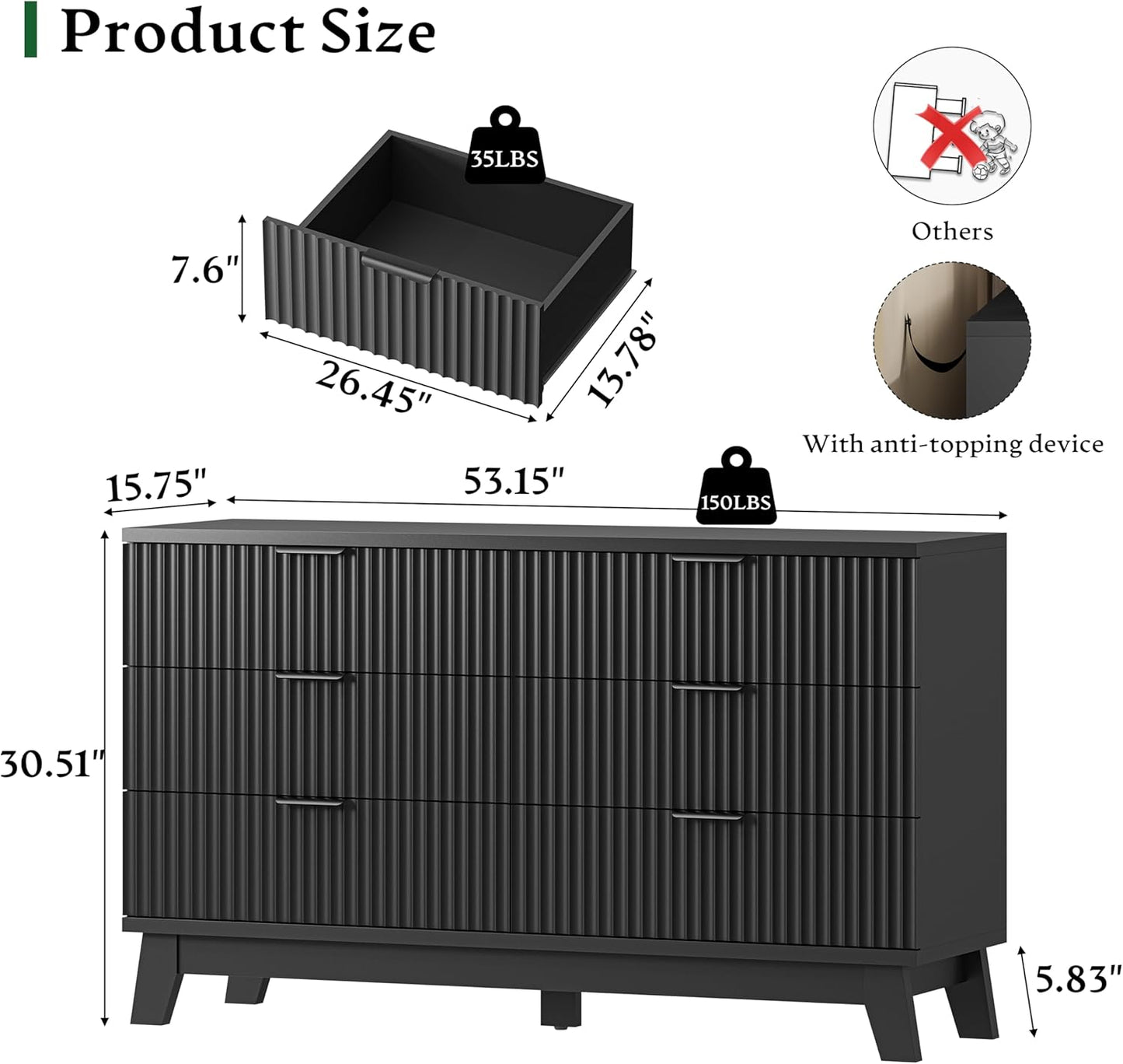 Fluted Dresser with 6 Drawers, 54" Wide Modern Chest of Drawers with Metal Handle, Wooden Dresser TV Stand, Wood Closet Clothes Storage Organizer for Bedroom, Living Room, Hallway, Solid Black